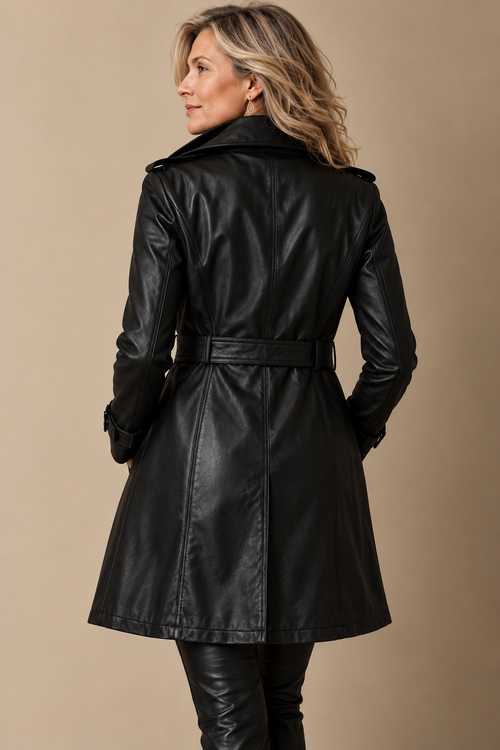 Adéla | Manteau long en simili cuir pour femmes avec col en fausse fourrure