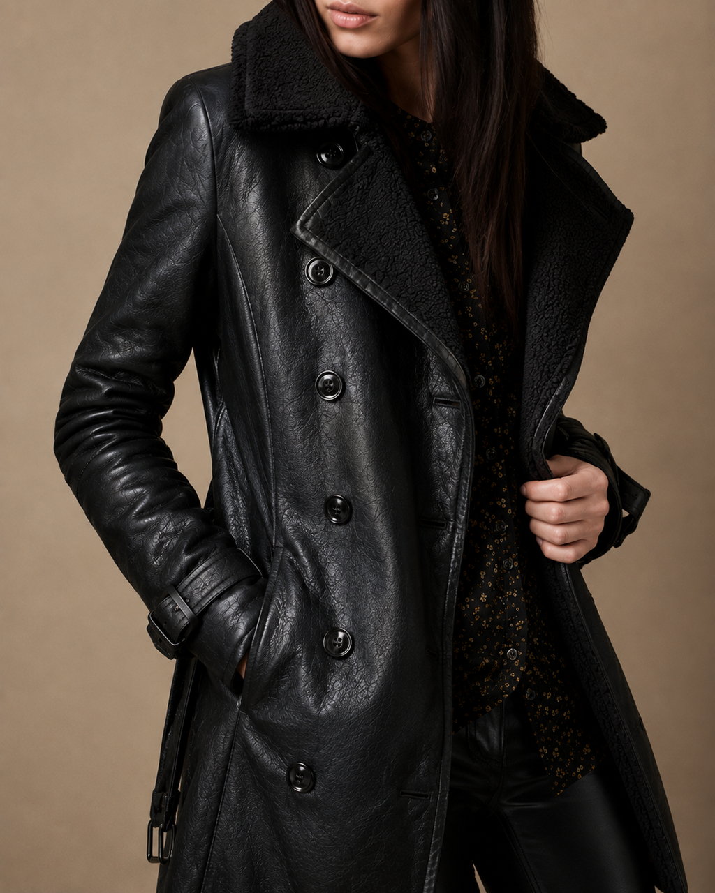 Adéla | Manteau long en simili cuir pour femmes avec col en fausse fourrure