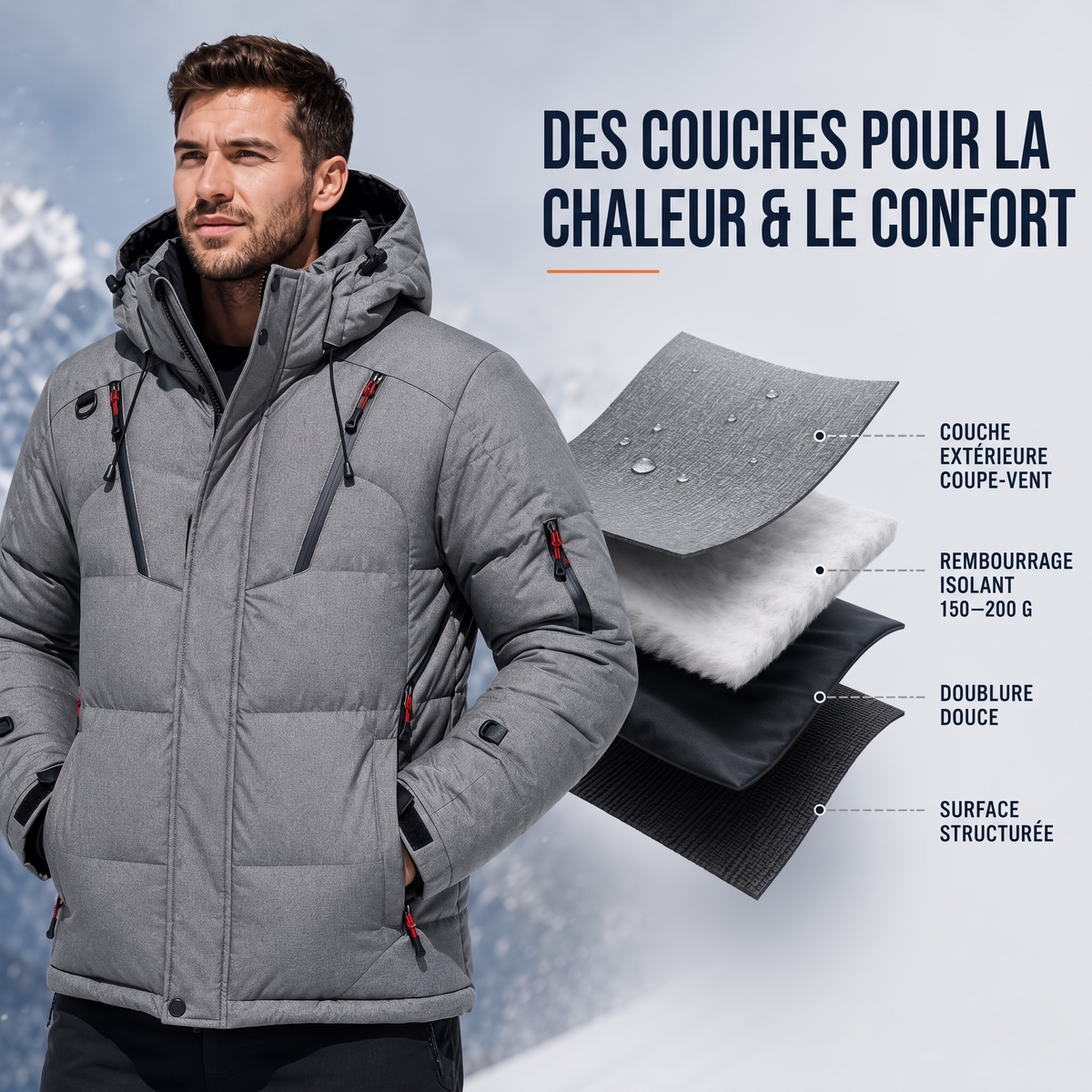 Sacha | Veste d'hiver rembourrée pour homme et femme à capuche amovible, coupe-vent et doublure épaisse