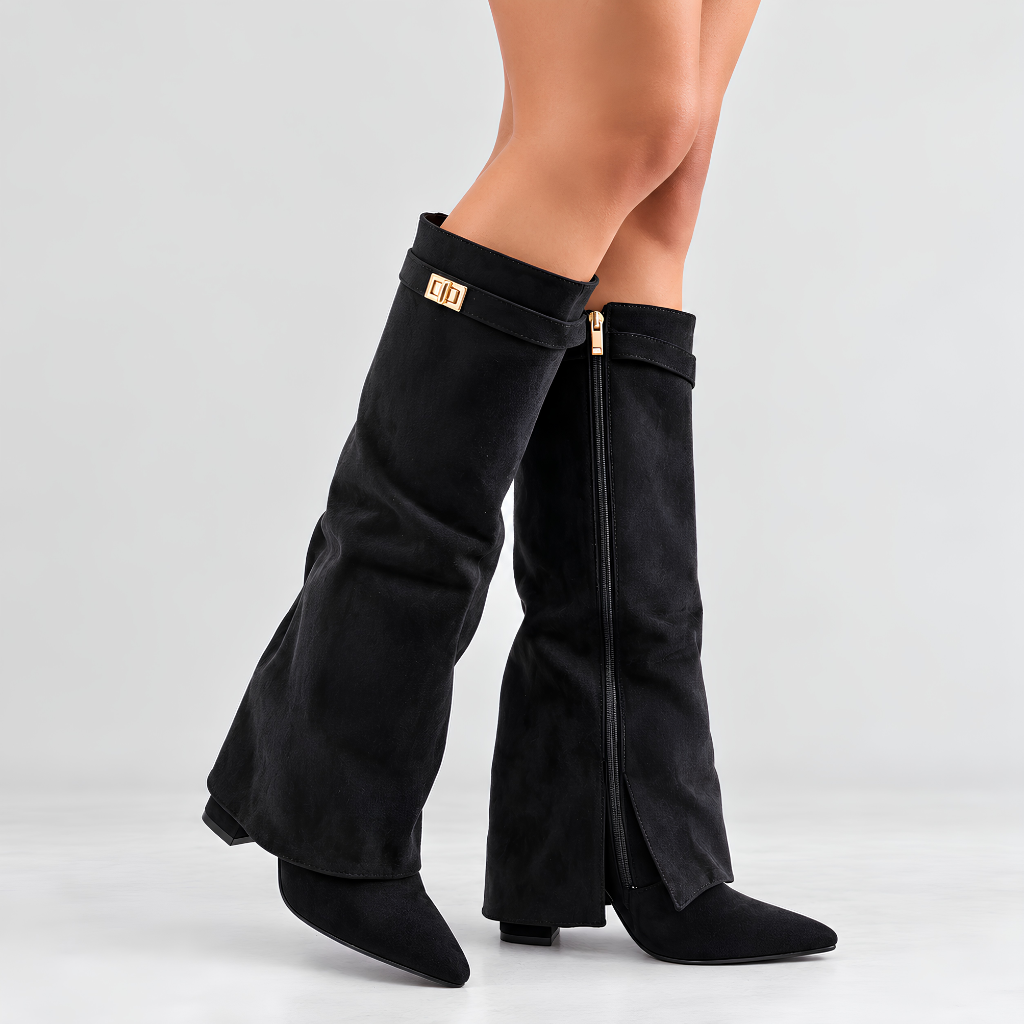 Juliette | Cuissardes daim femme, revers rabattable, talon bloc 8,5 cm, doublure souple, 36-42
