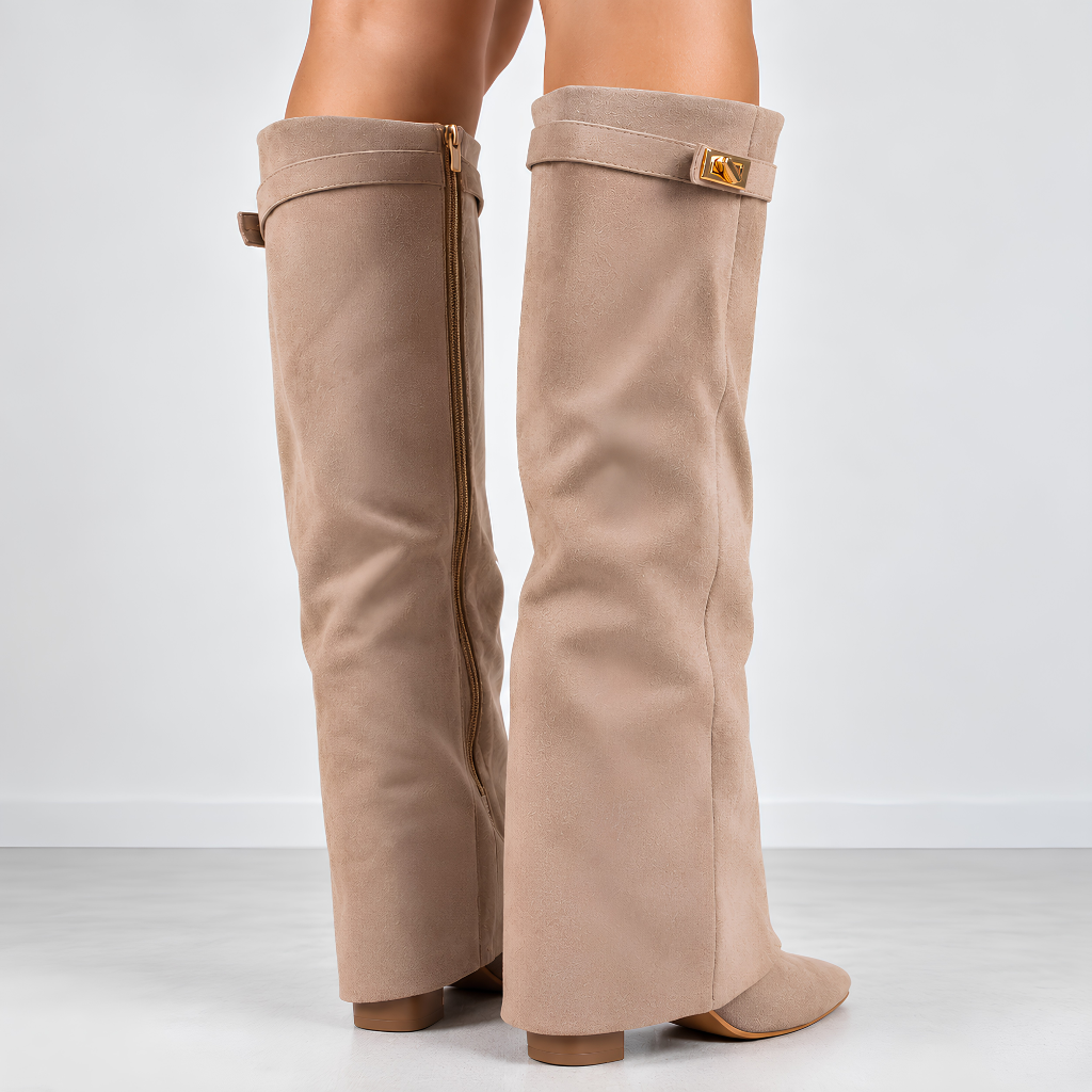 Juliette | Cuissardes daim femme, revers rabattable, talon bloc 8,5 cm, doublure souple, 36-42