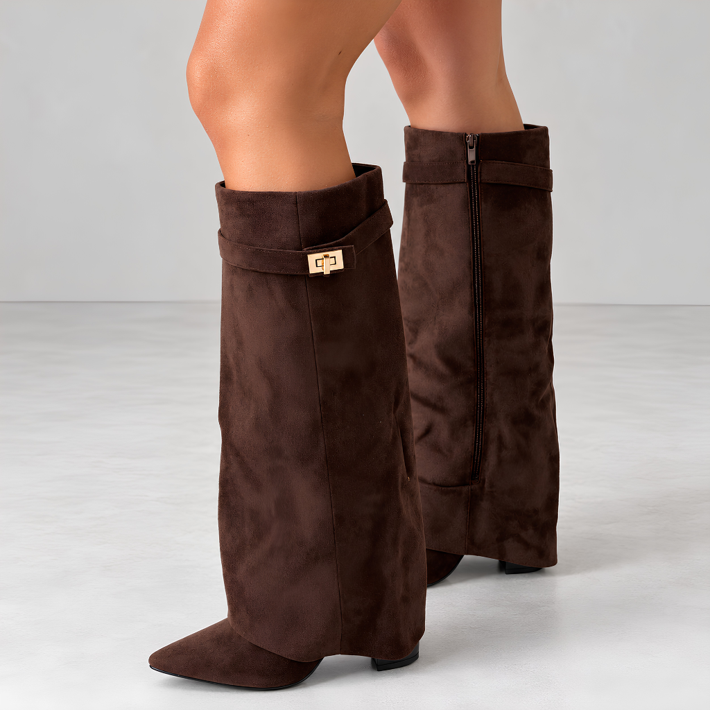 Juliette | Cuissardes daim femme, revers rabattable, talon bloc 8,5 cm, doublure souple, 36-42
