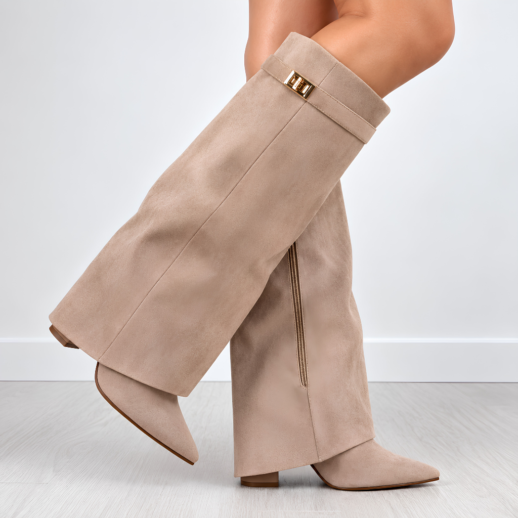 Juliette | Cuissardes daim femme, revers rabattable, talon bloc 8,5 cm, doublure souple, 36-42