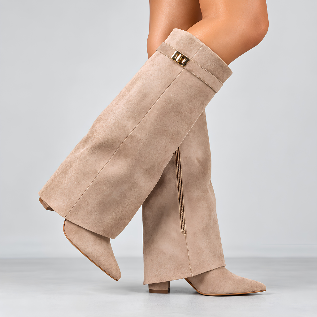 Juliette | Cuissardes daim femme, revers rabattable, talon bloc 8,5 cm, doublure souple, 36-42