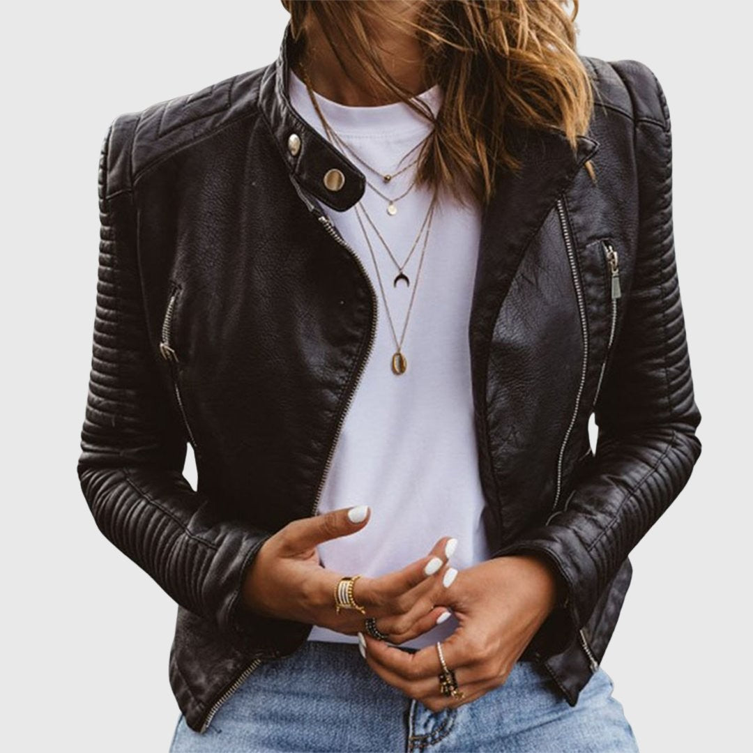 Blouson biker femme cuir véritable coupe cintrée zip