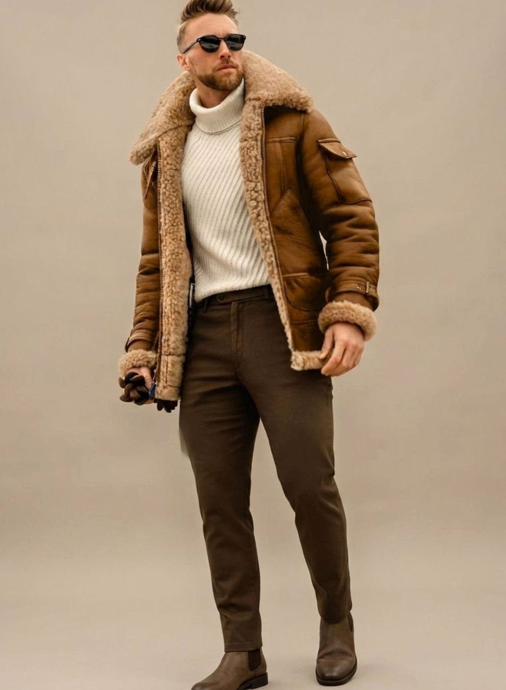Blouson d'hiver aviateur aspect cuir homme, doublure fausse fourrure