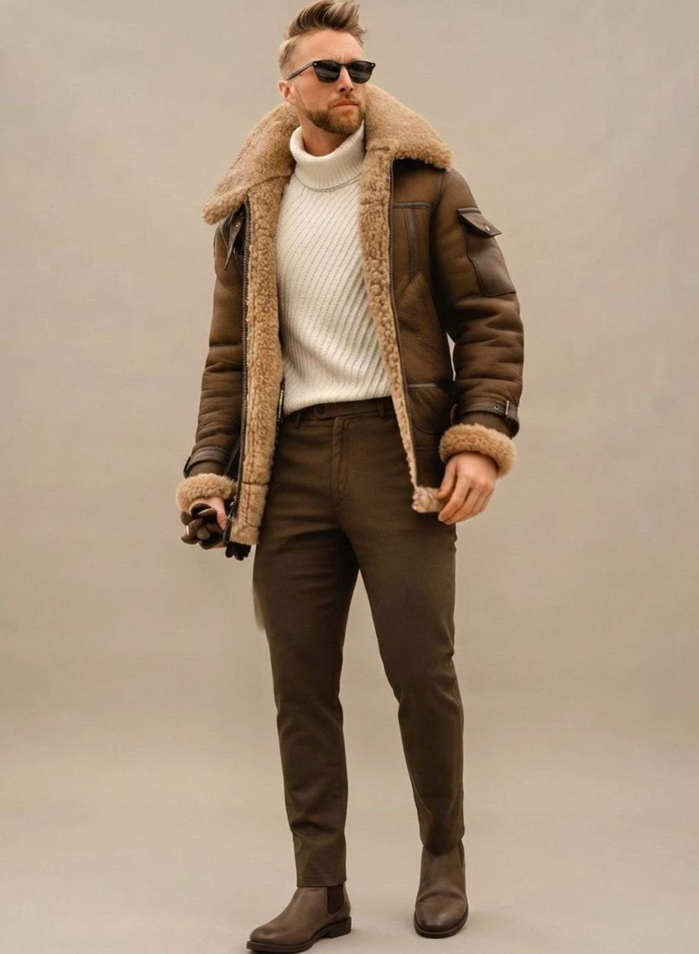 Blouson d'hiver aviateur aspect cuir homme, doublure fausse fourrure