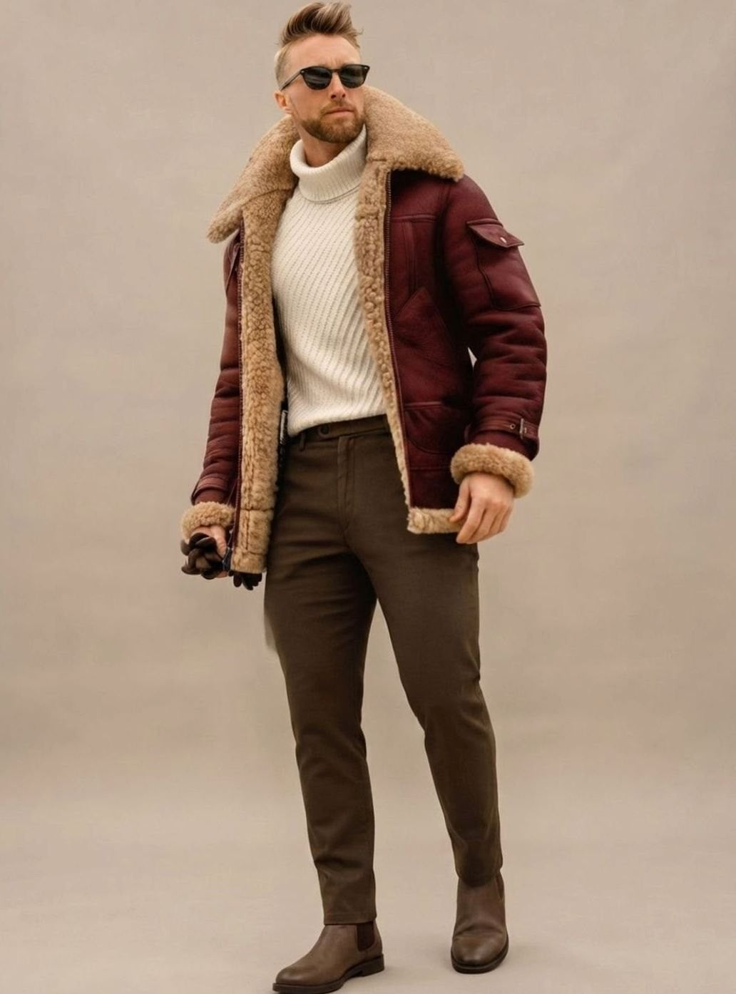 Blouson d'hiver aviateur aspect cuir homme, doublure fausse fourrure