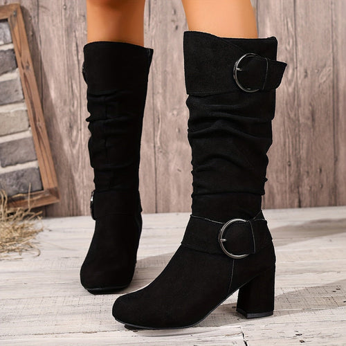 Bottes beige à hauteur genou et talons blocs pour femme