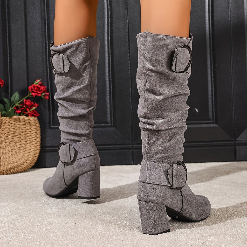 Bottes beige à hauteur genou et talons blocs pour femme