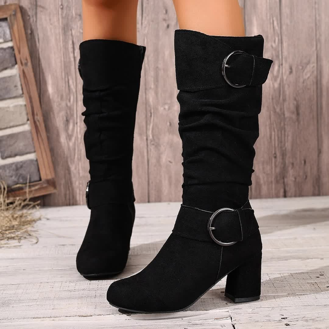 Bottes beige à hauteur genou et talons blocs pour femme