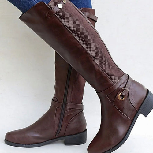 Bottes cavalières hautes en cuir marron pour femme, semelle orthopédique