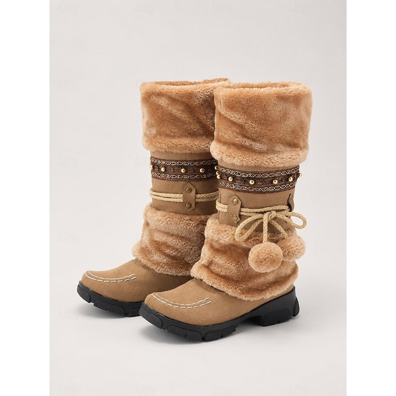 Bottes d'hiver fourrées mi-mollet pour femme, Style boho douillet