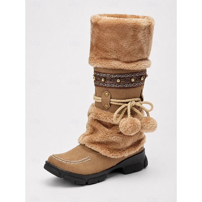 Bottes d'hiver fourrées mi-mollet pour femme, Style boho douillet