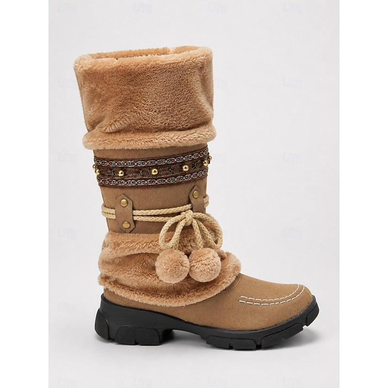 Bottes d'hiver fourrées mi-mollet pour femme, Style boho douillet