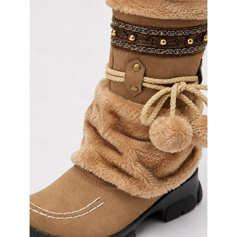 Bottes d'hiver fourrées mi-mollet pour femme, Style boho douillet
