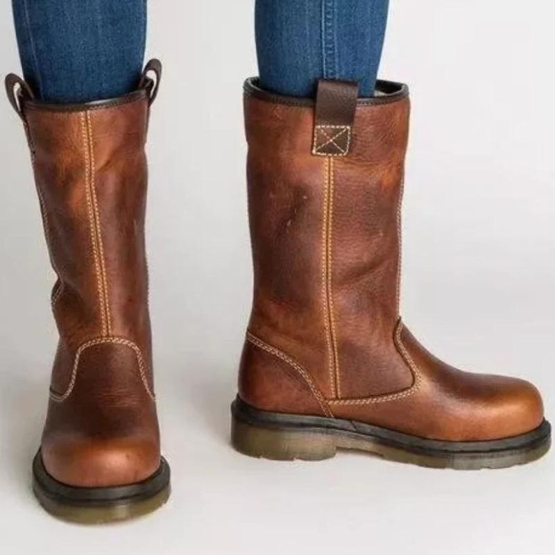Bottes en cuir marron fourrées pour femme, Chaussures d'hiver doublées