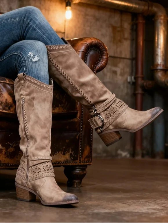 Bottes hautes à enfiler bout rond pour femme avec bride à boucle et zip
