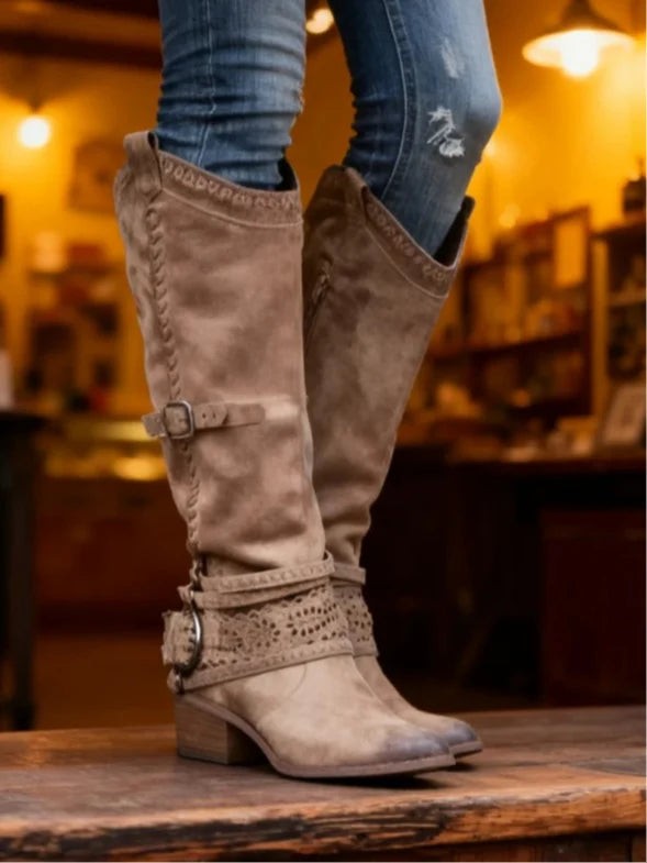 Bottes hautes à enfiler bout rond pour femme avec bride à boucle et zip