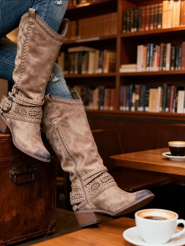Bottes hautes à enfiler bout rond pour femme avec bride à boucle et zip