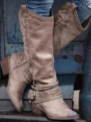 Bottes hautes à enfiler bout rond pour femme avec bride à boucle et zip