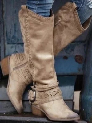 Bottes hautes à enfiler bout rond pour femme avec bride à boucle et zip