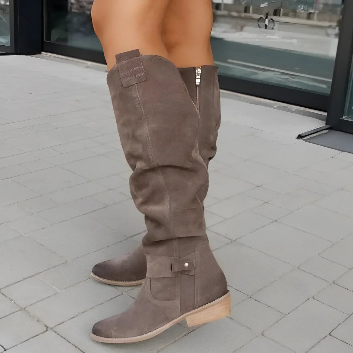 Bottes hautes en cuir beige avec fermeture éclair latérale pour femme, chaudes et confortables