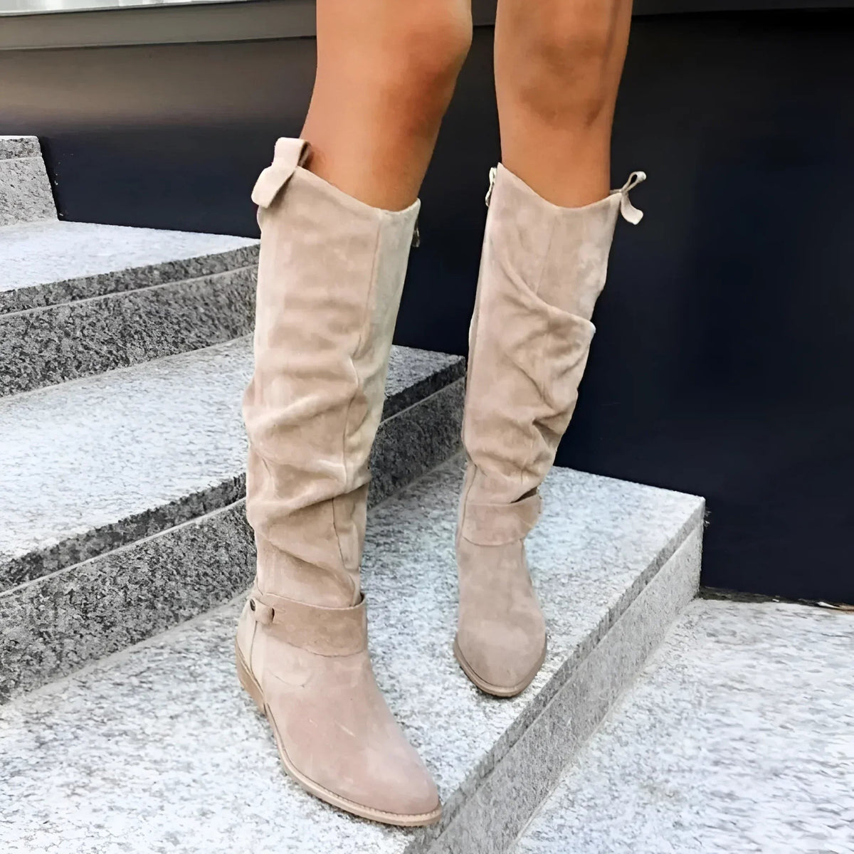 Bottes hautes en cuir beige avec fermeture éclair latérale pour femme, chaudes et confortables