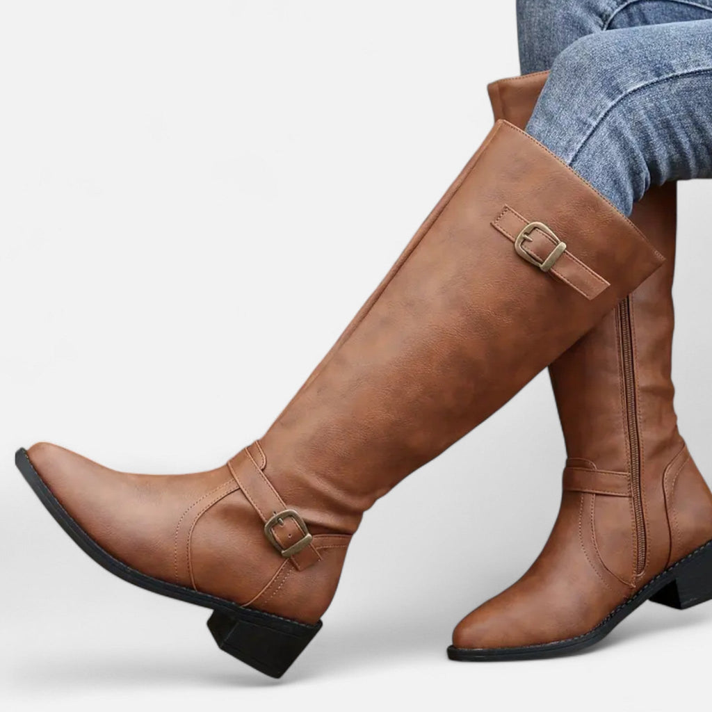 Bottes hautes femme à bout pointu, effet cuir