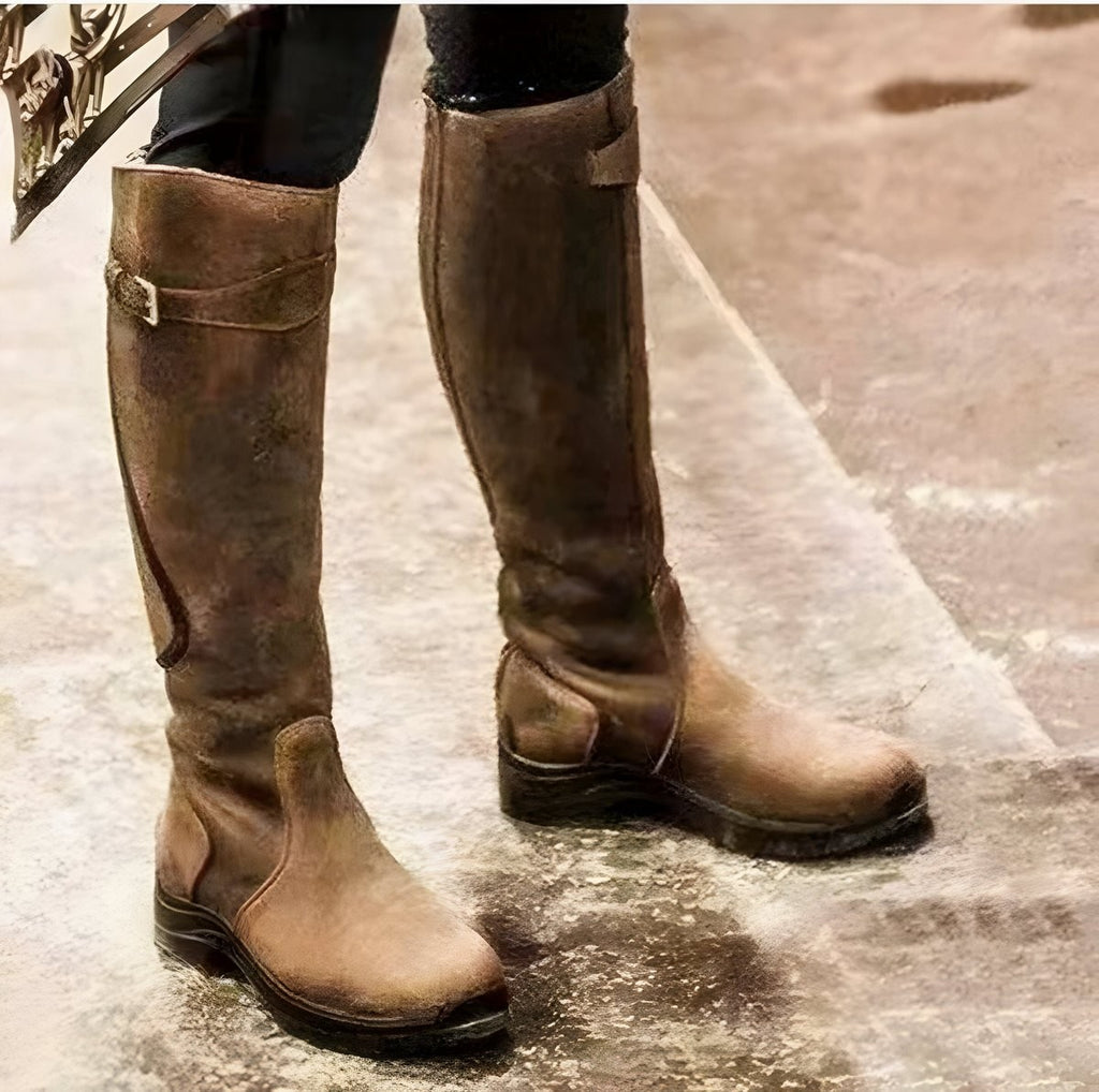 Bottes hautes imperméables en cuir marron à boucle pour femme