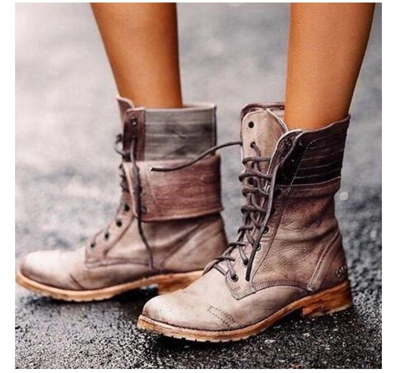 Bottes vintage à lacets en similicuir marron pour femme