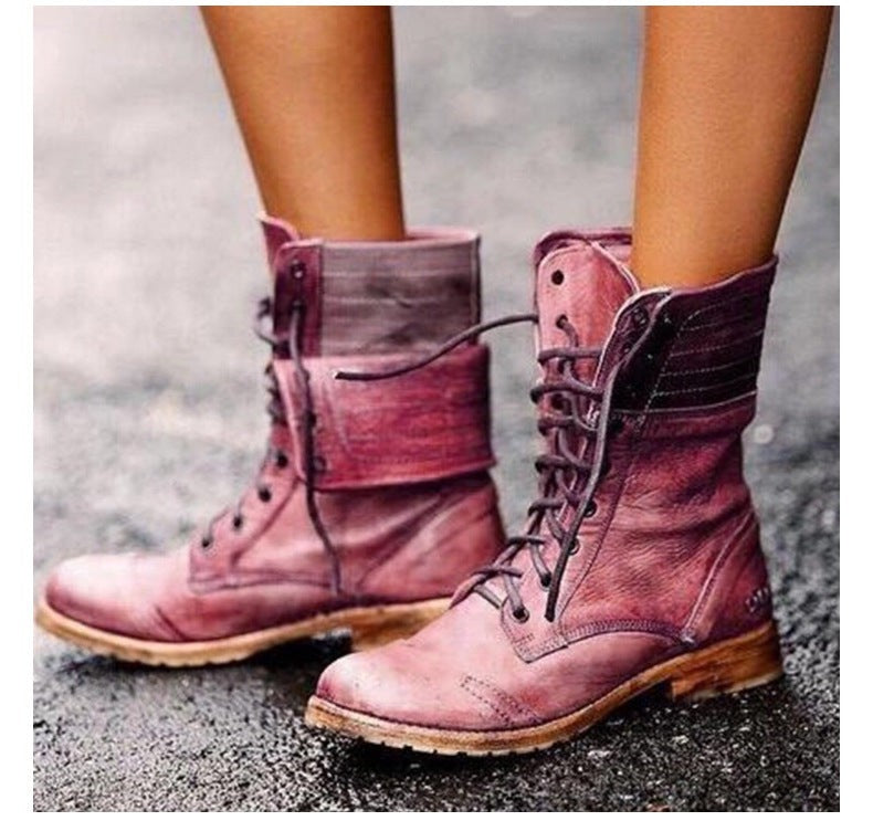 Bottes vintage à lacets en similicuir marron pour femme