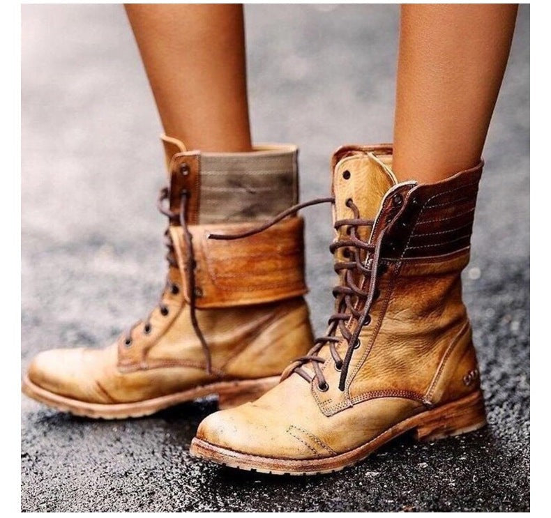 Bottes vintage à lacets en similicuir marron pour femme
