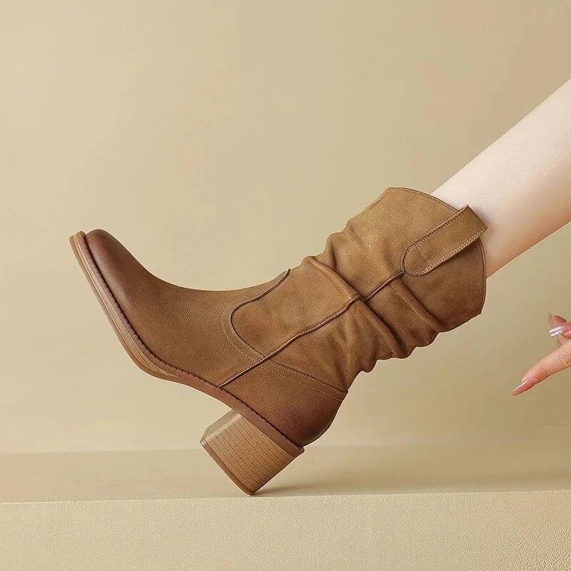 Bottes western en cuir marron pour femme, Talon carré et zip latéral