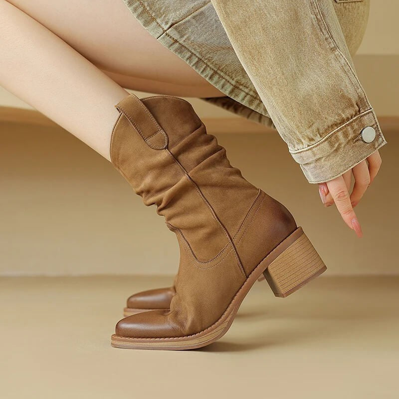 Bottes western en cuir marron pour femme, Talon carré et zip latéral
