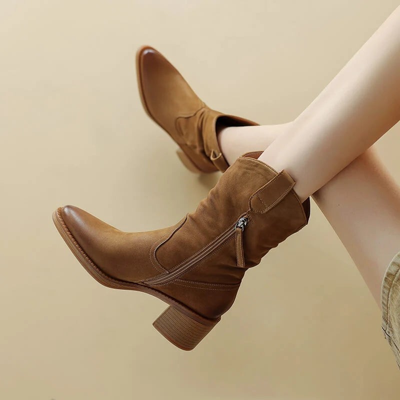 Bottes western en cuir marron pour femme, Talon carré et zip latéral