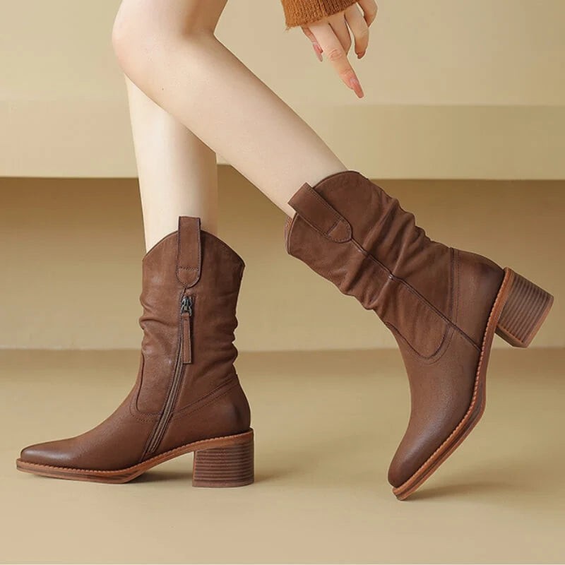 Bottes western en cuir marron pour femme, Talon carré et zip latéral