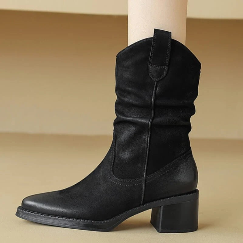 Bottes western en cuir marron pour femme, Talon carré et zip latéral
