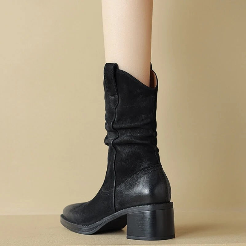 Bottes western en cuir marron pour femme, Talon carré et zip latéral