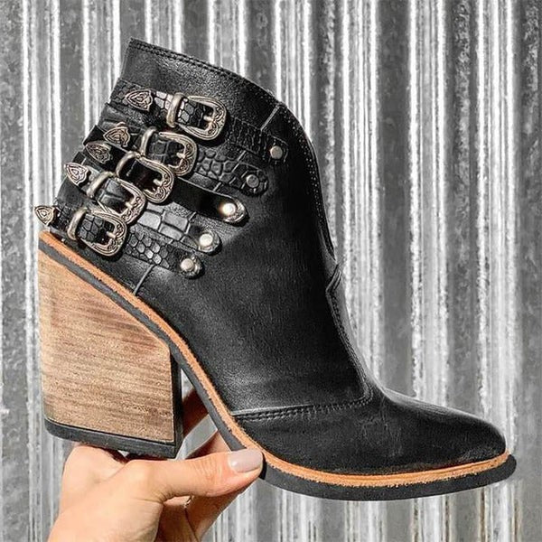 Bottine à talon carré et boucle pour femme avec échancrure en V