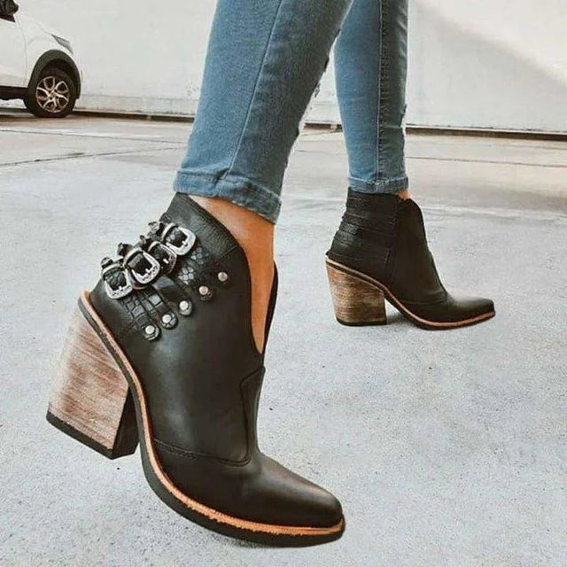Bottine à talon carré et boucle pour femme avec échancrure en V