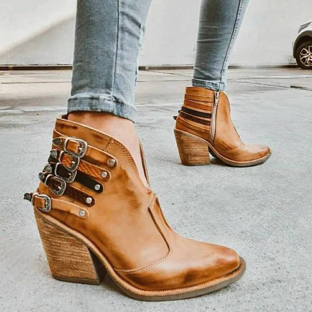 Bottine à talon carré et boucle pour femme avec échancrure en V