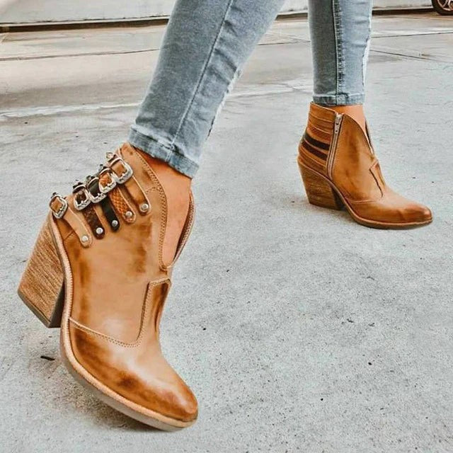 Bottine à talon carré et boucle pour femme avec échancrure en V