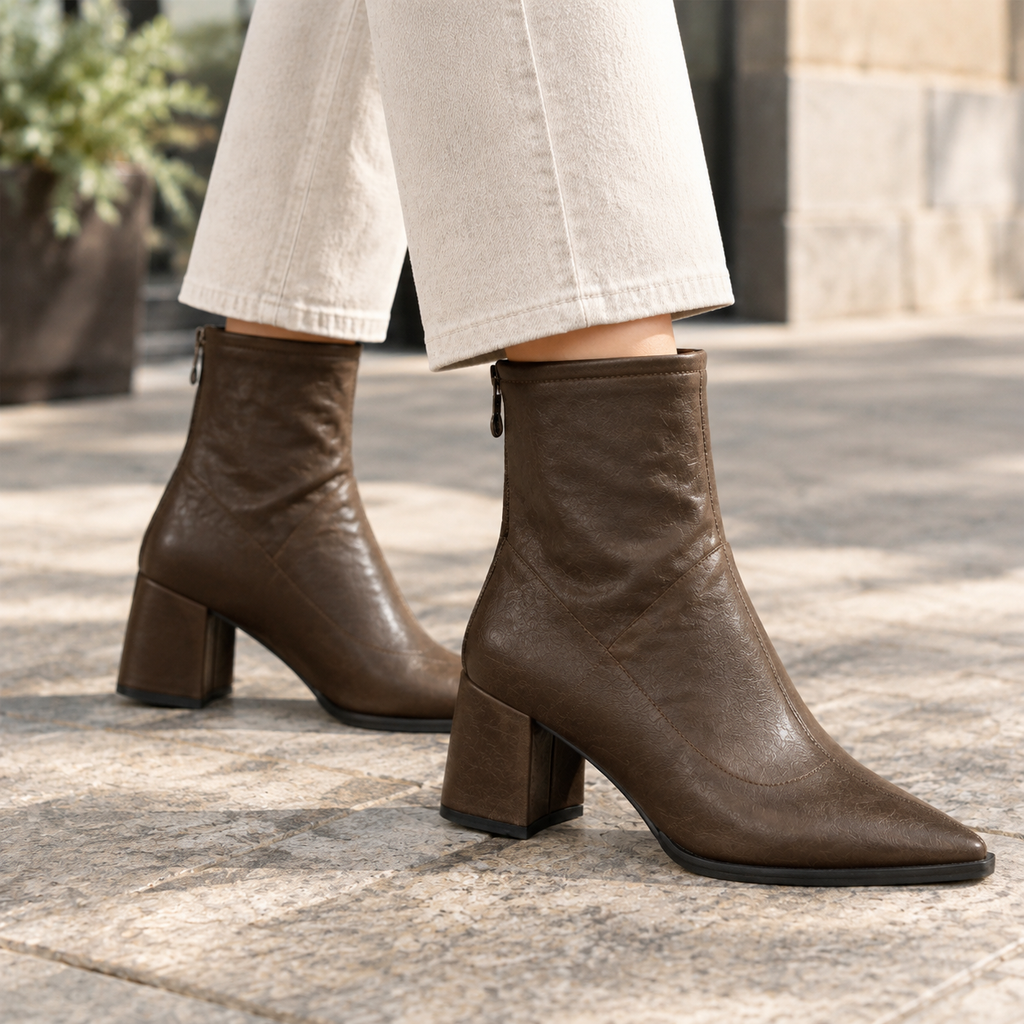 Bottines à bout pointu effet cuir marron pour femme