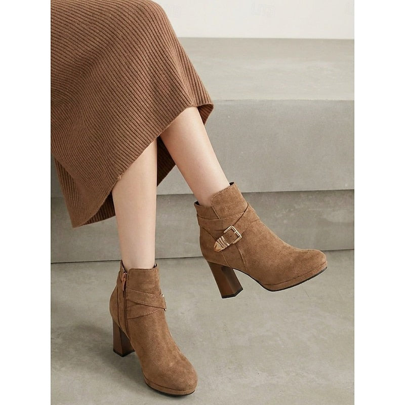 Bottines à bride à boucle marron pour femme, Talon carré