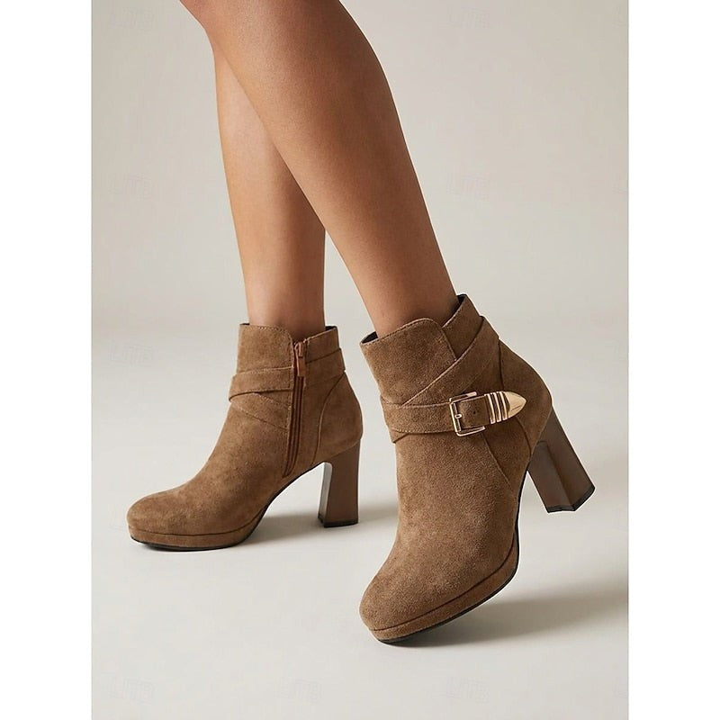 Bottines à bride à boucle marron pour femme, Talon carré