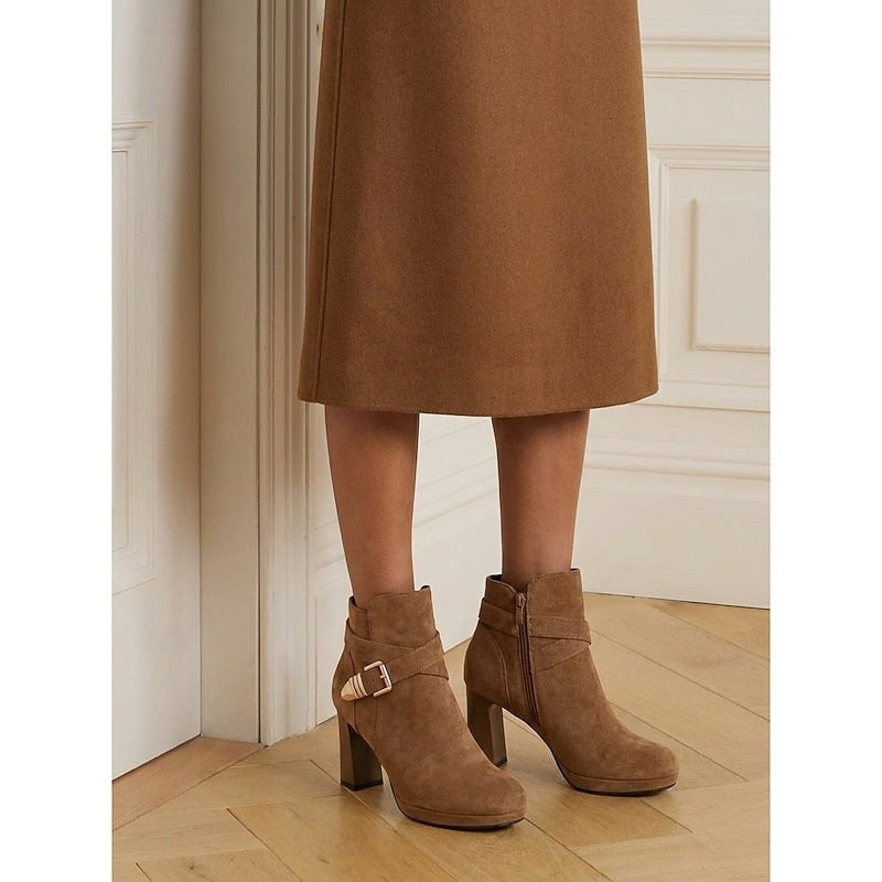Bottines à bride à boucle marron pour femme, Talon carré