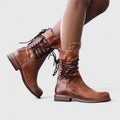 Bottines à lacets marron effet cuir vintage pour femme, détails cloutés