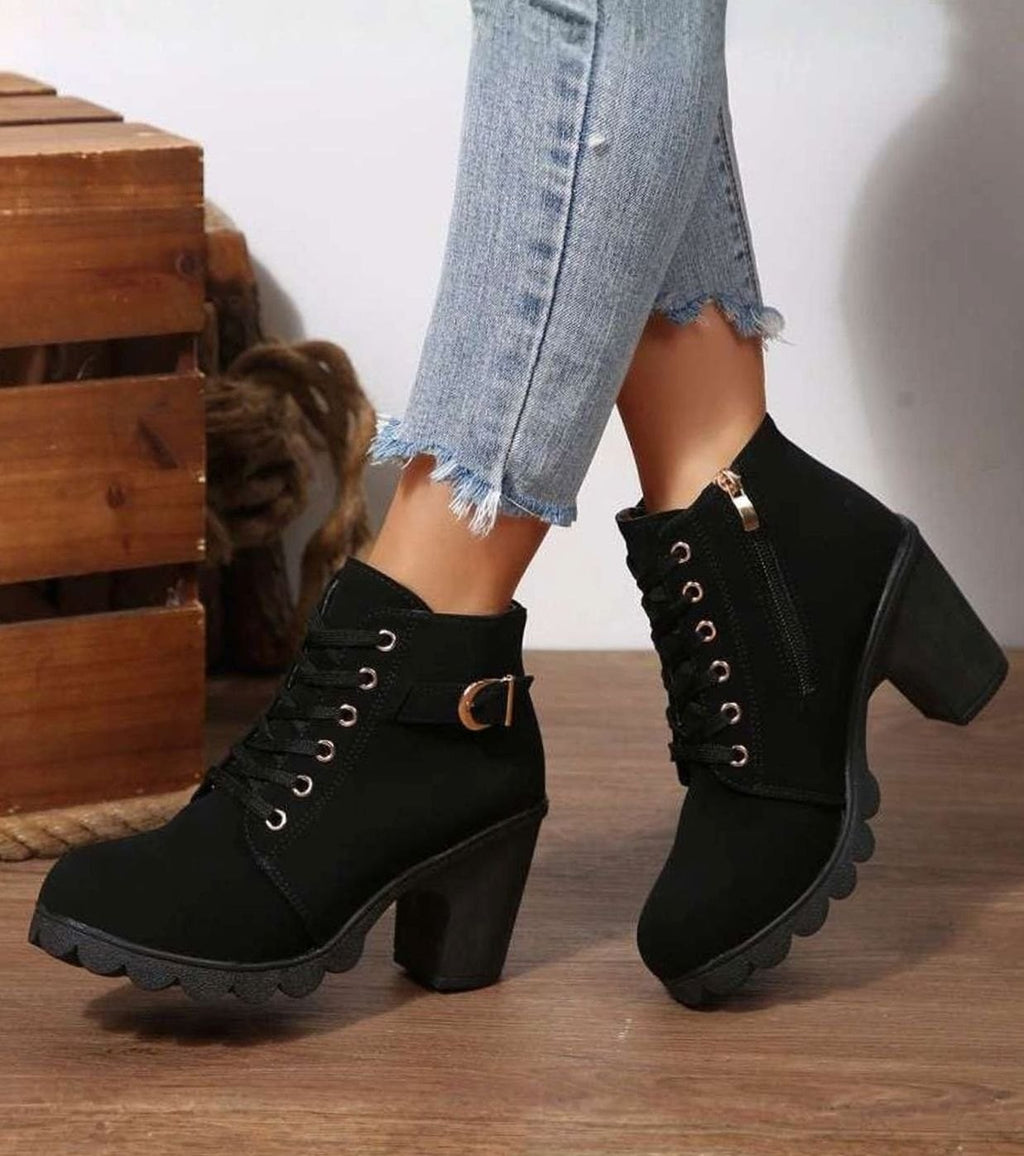 Bottines à lacets pour femme avec talon carré et boucle