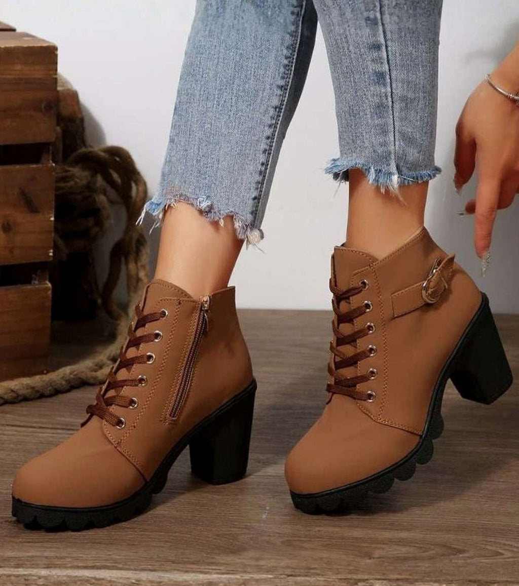 Bottines à lacets pour femme avec talon carré et boucle